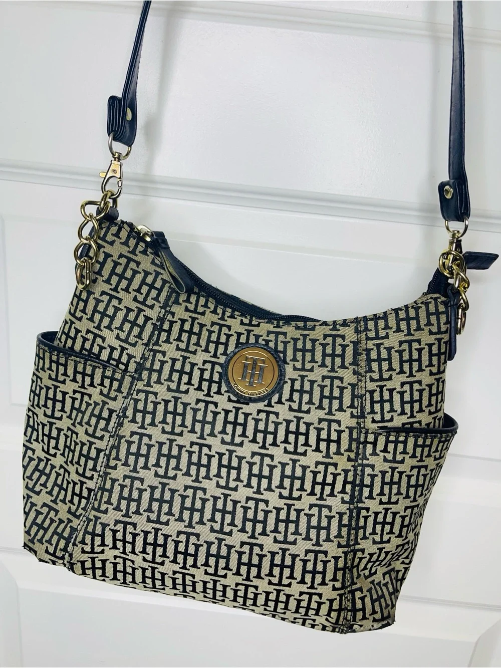 Tommy Hilfiger | Beige and Black Signature Monogram Jacquard Hobo